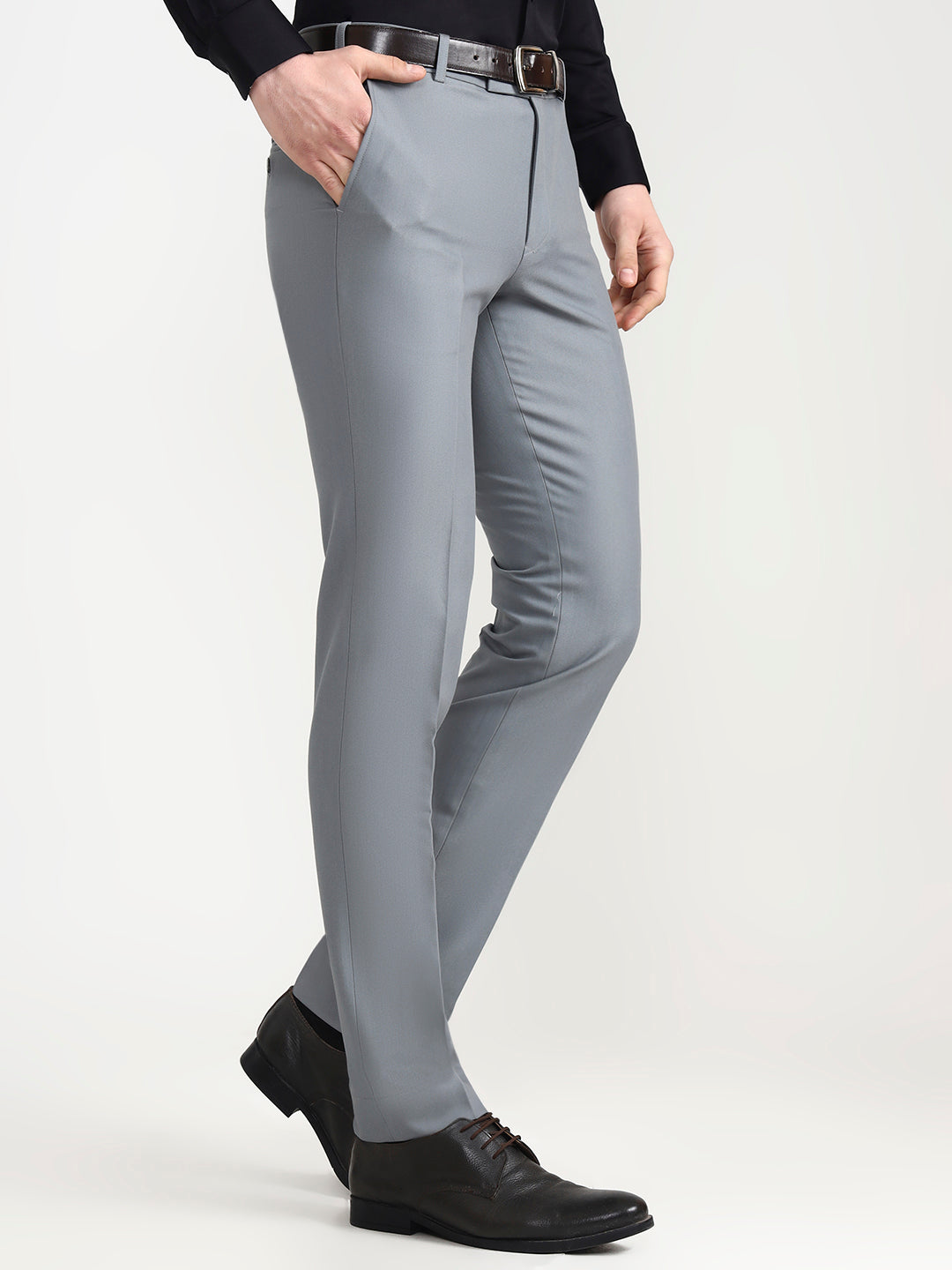 Silver Blue Solid Slim Fit Formal Trouser | Metal
