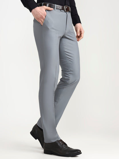 Silver Blue Solid Slim Fit Formal Trouser | Metal