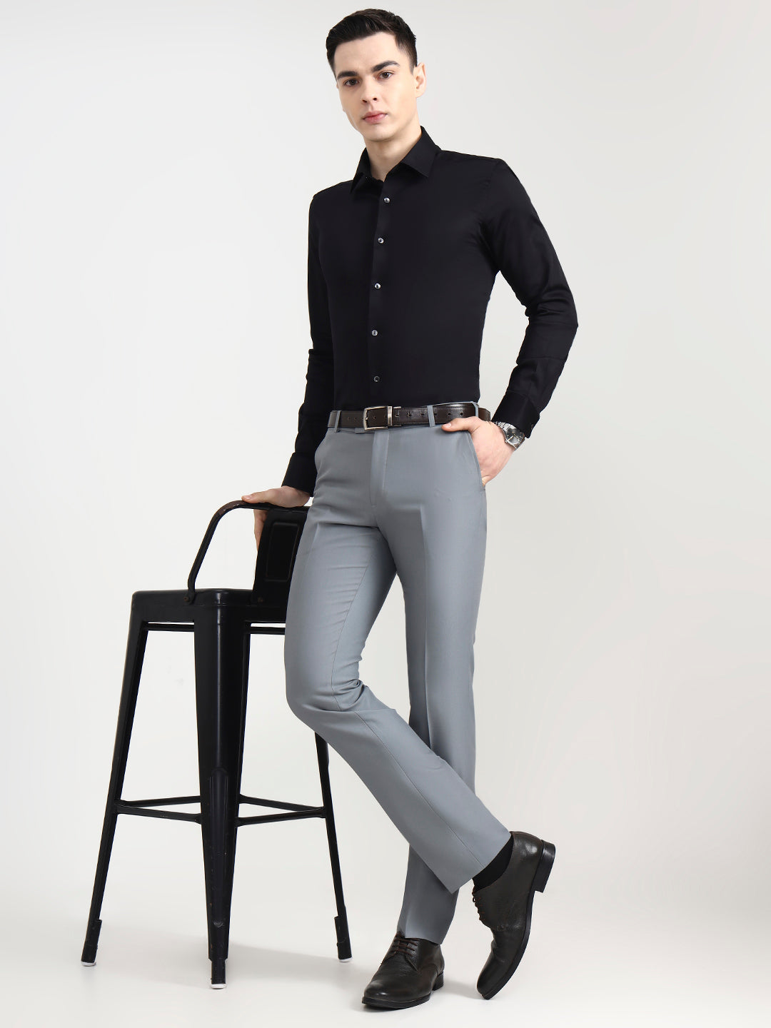 Silver Blue Solid Slim Fit Formal Trouser | Metal