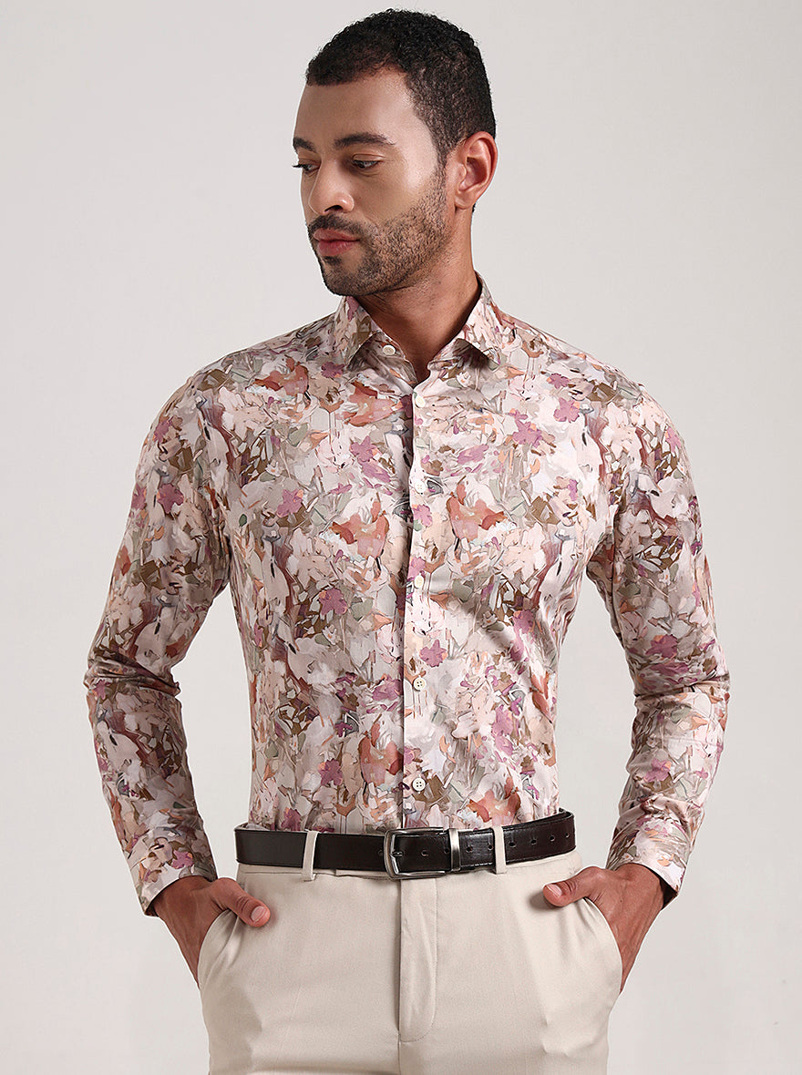 Beige Printed Slim Fit Party Wear Shirt | Wyre