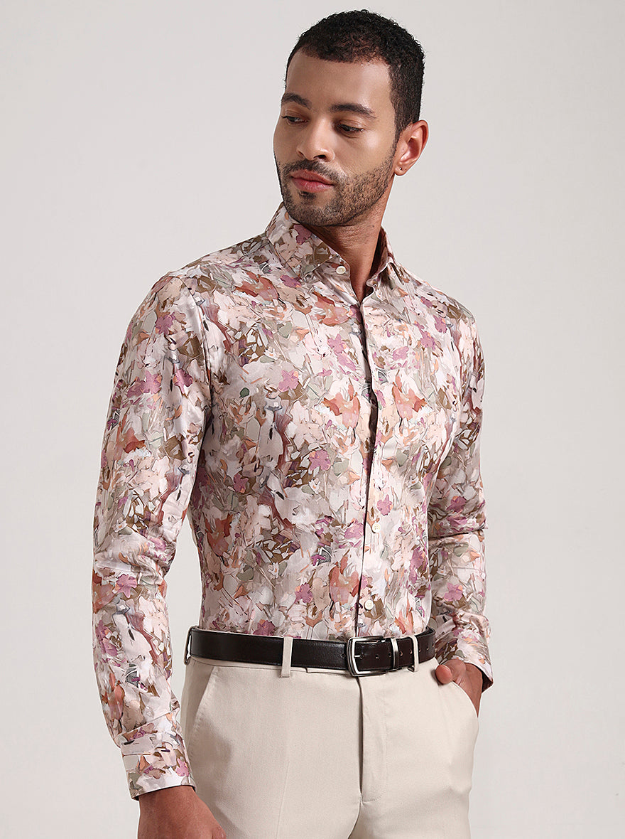 Beige Printed Slim Fit Party Wear Shirt | Wyre