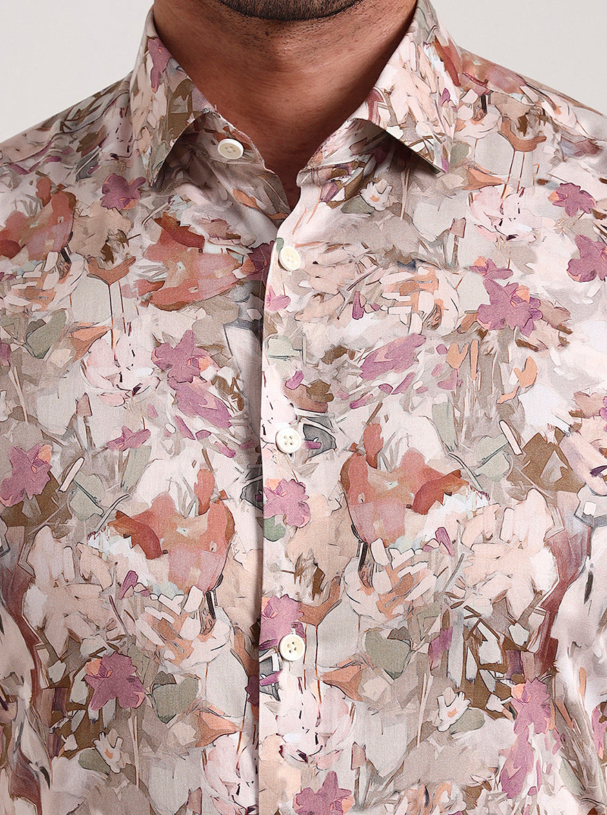 Beige Printed Slim Fit Party Wear Shirt | Wyre