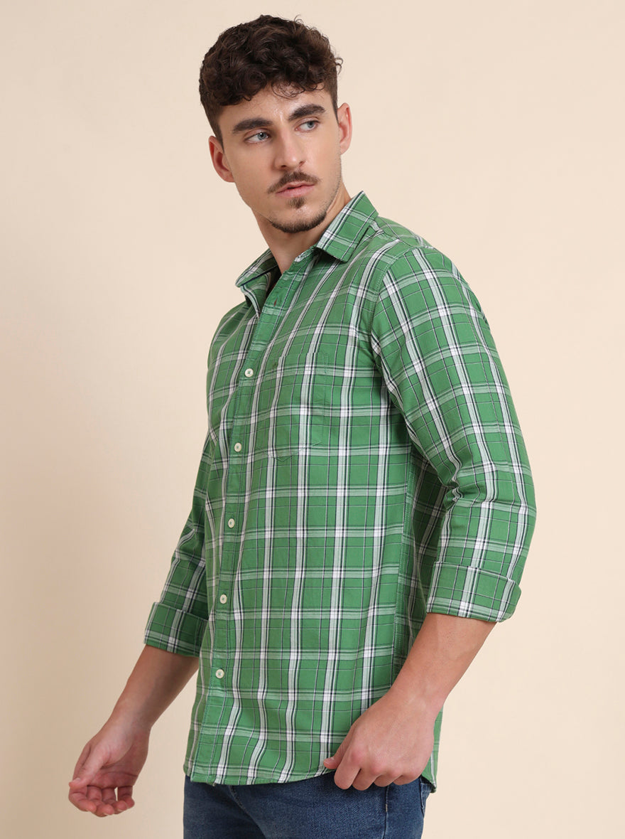 Light Green Checked Slim Fit Casual Shirt | JadeBlue