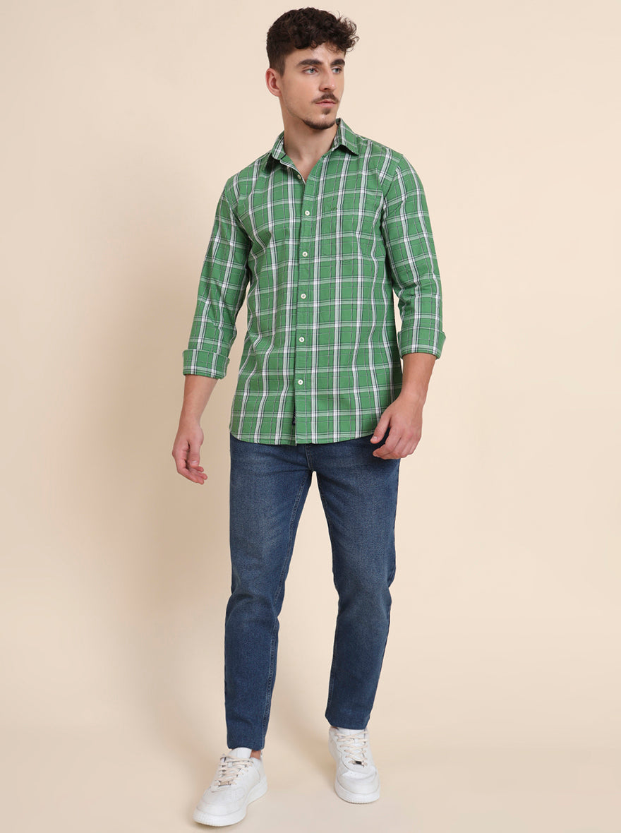 Light Green Checked Slim Fit Casual Shirt | JadeBlue