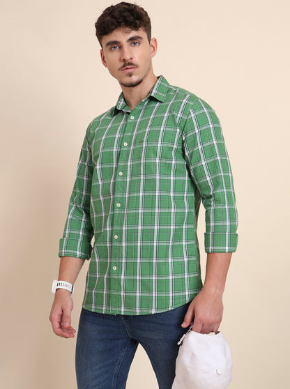 Light Green Checked Slim Fit Casual Shirt | JadeBlue