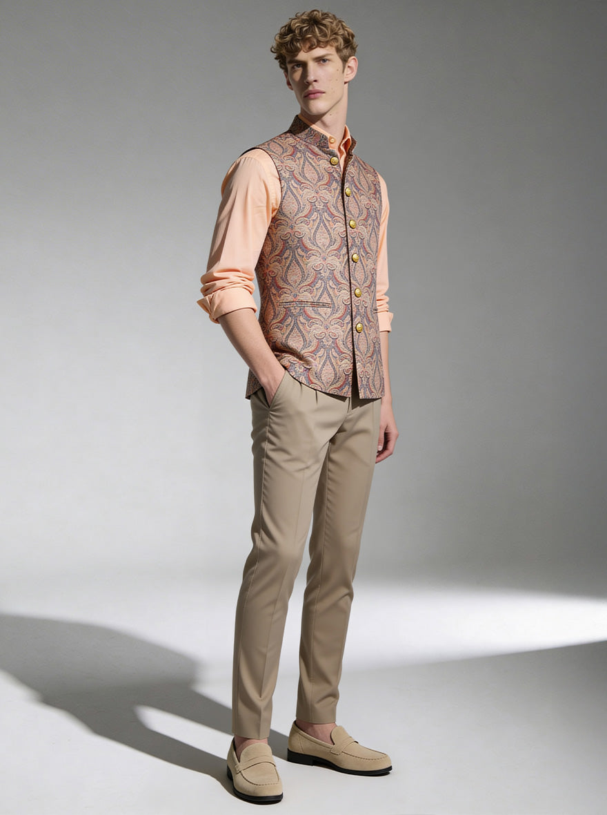 Peach Printed Waistcoat | Greenfibre