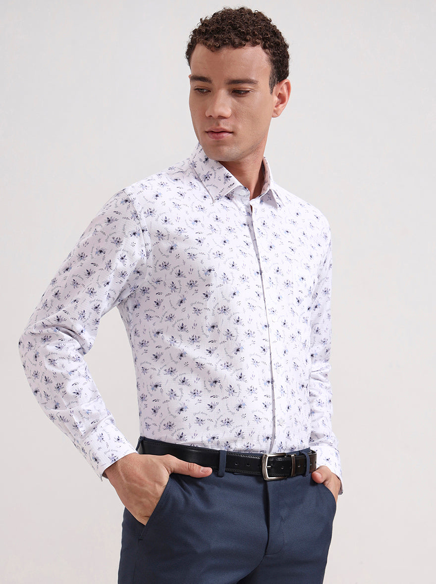 White & Blue Printed Slim Fit Formal Shirt | Metal