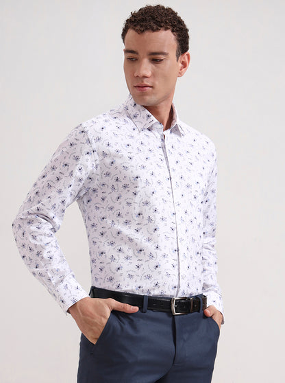 White & Blue Printed Slim Fit Formal Shirt | Metal