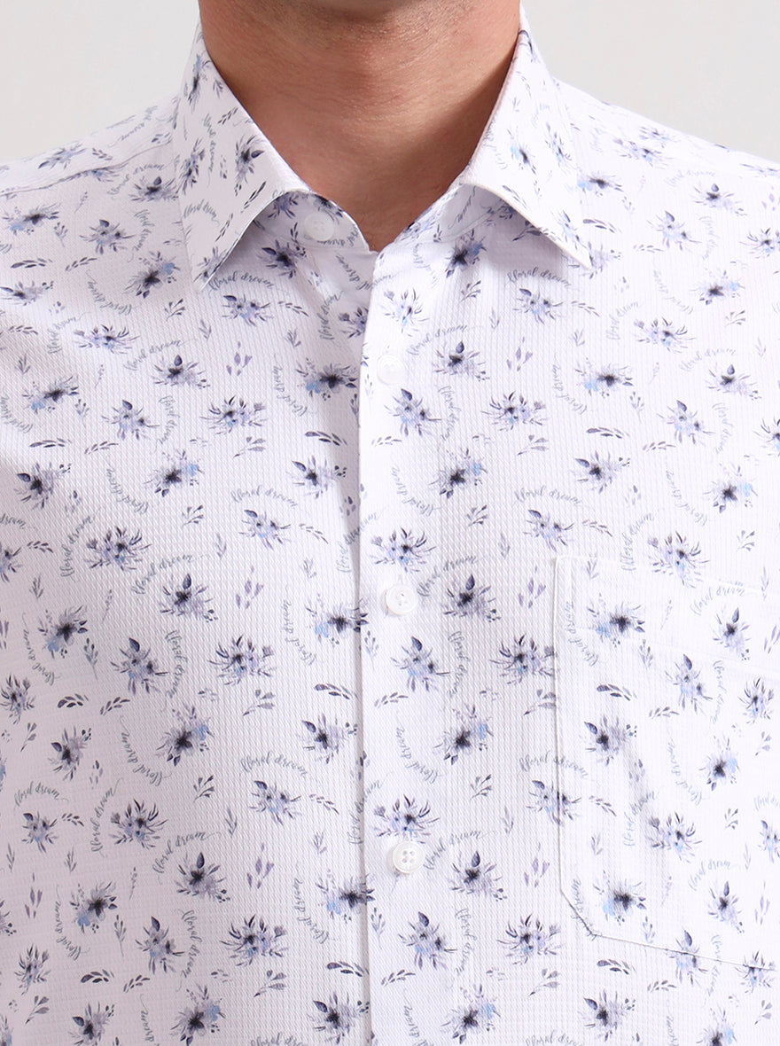 White & Blue Printed Slim Fit Formal Shirt | Metal