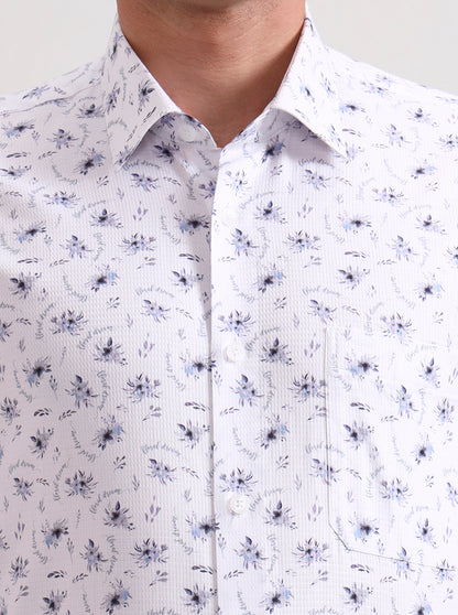 White & Blue Printed Slim Fit Formal Shirt | Metal