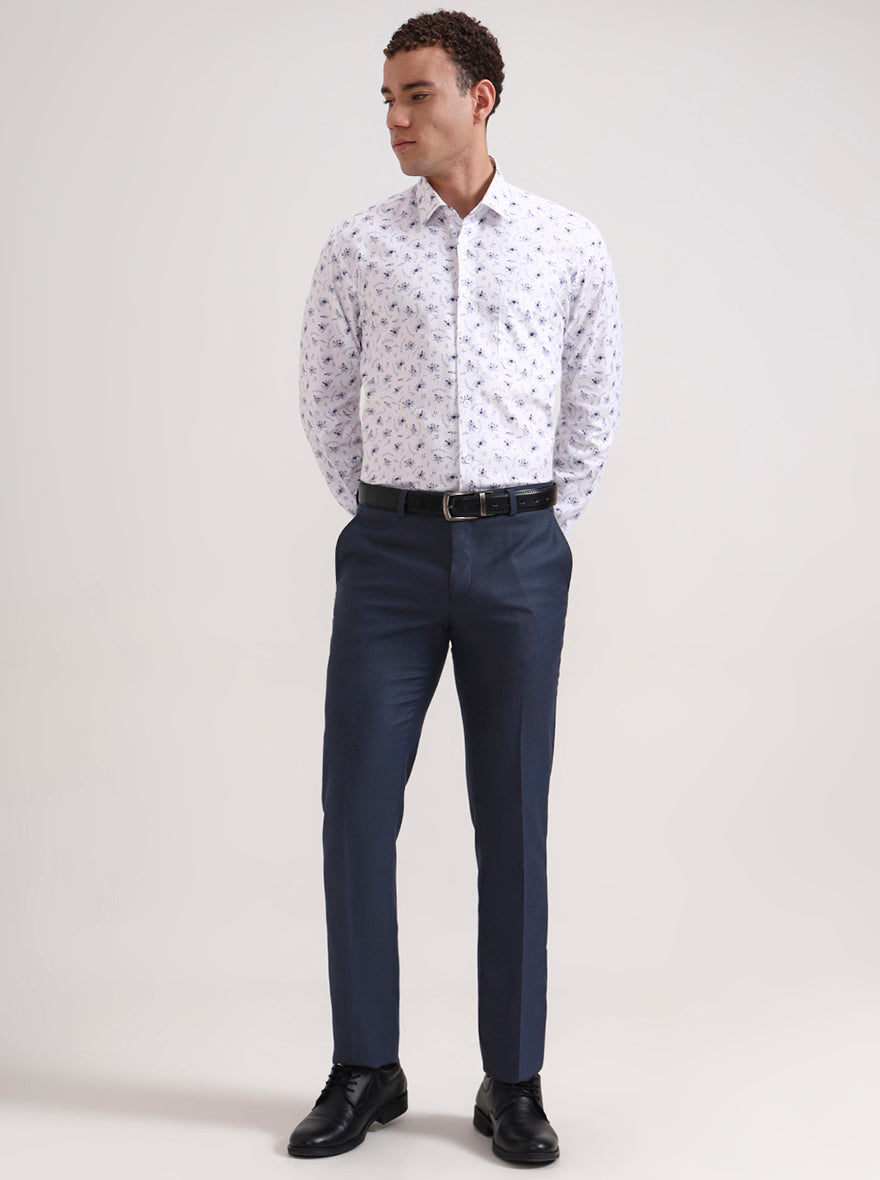 White & Blue Printed Slim Fit Formal Shirt | Metal