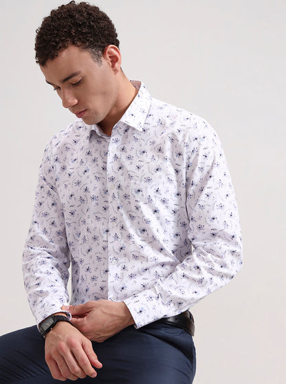 White & Blue Printed Slim Fit Formal Shirt | Metal