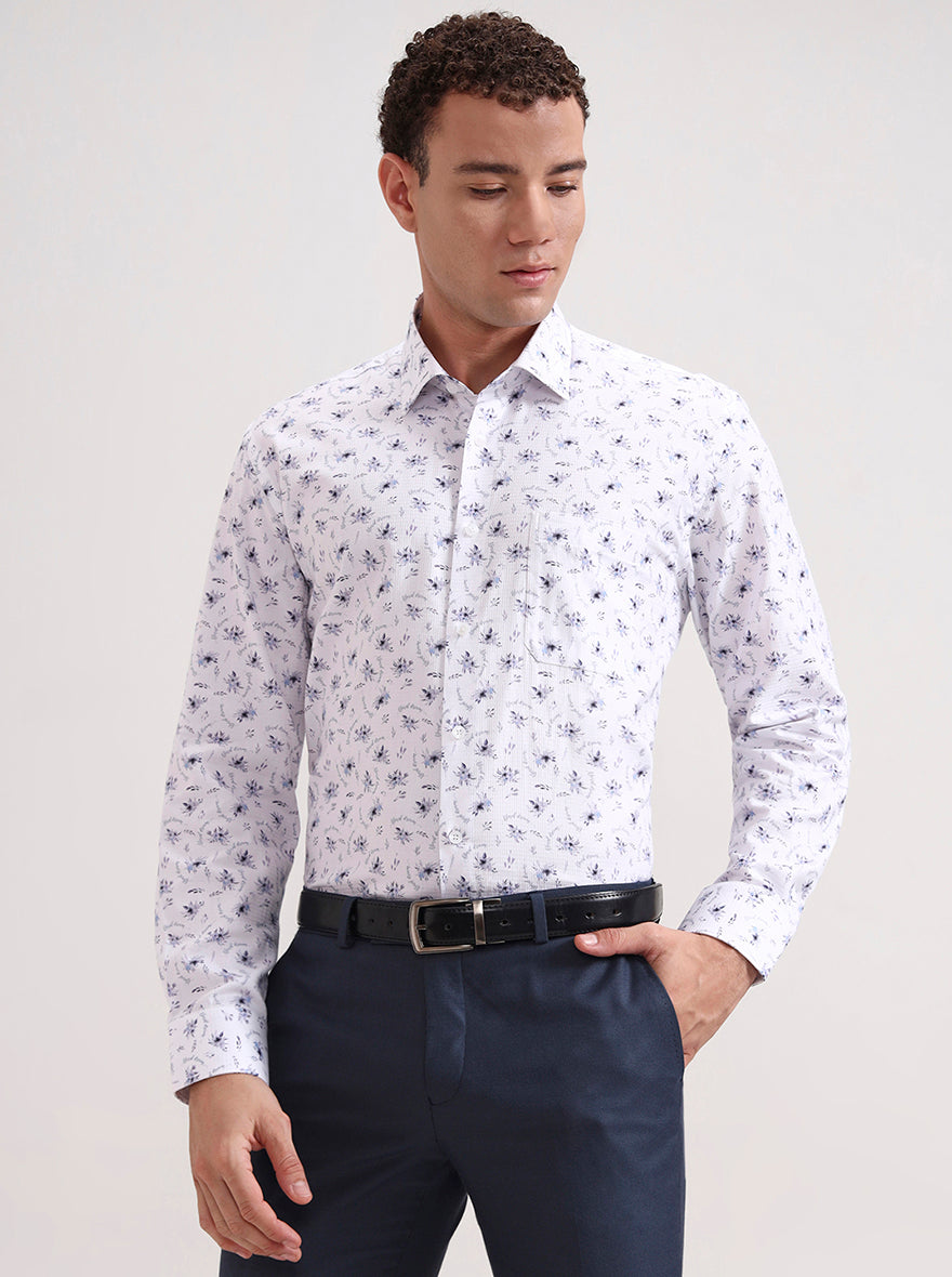 White & Blue Printed Slim Fit Formal Shirt | Metal