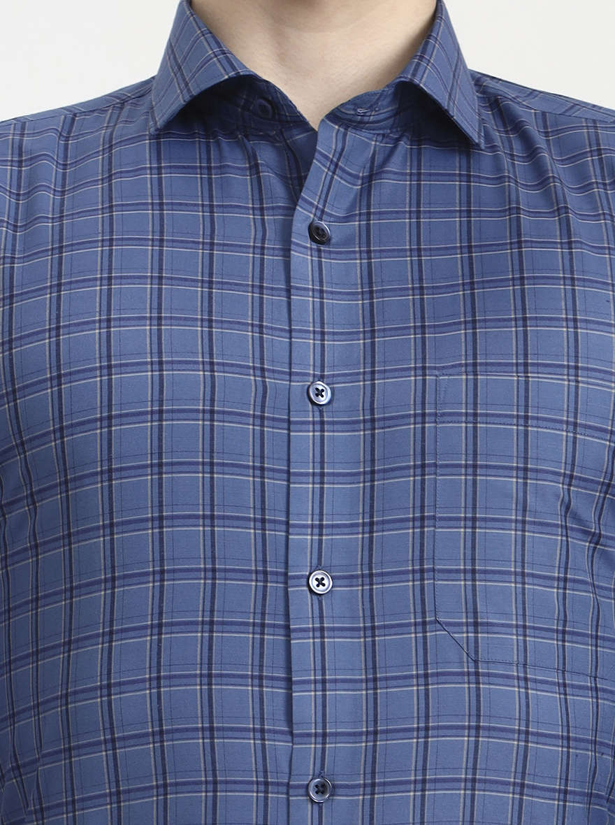 Dark Blue Checked Slim Fit Formal Shirt | Greenfibre