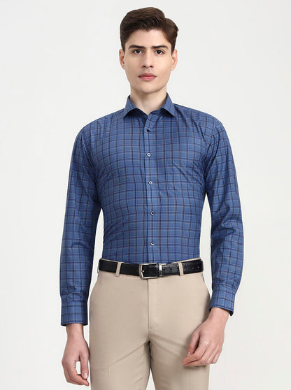 Dark Blue Checked Slim Fit Formal Shirt | Greenfibre