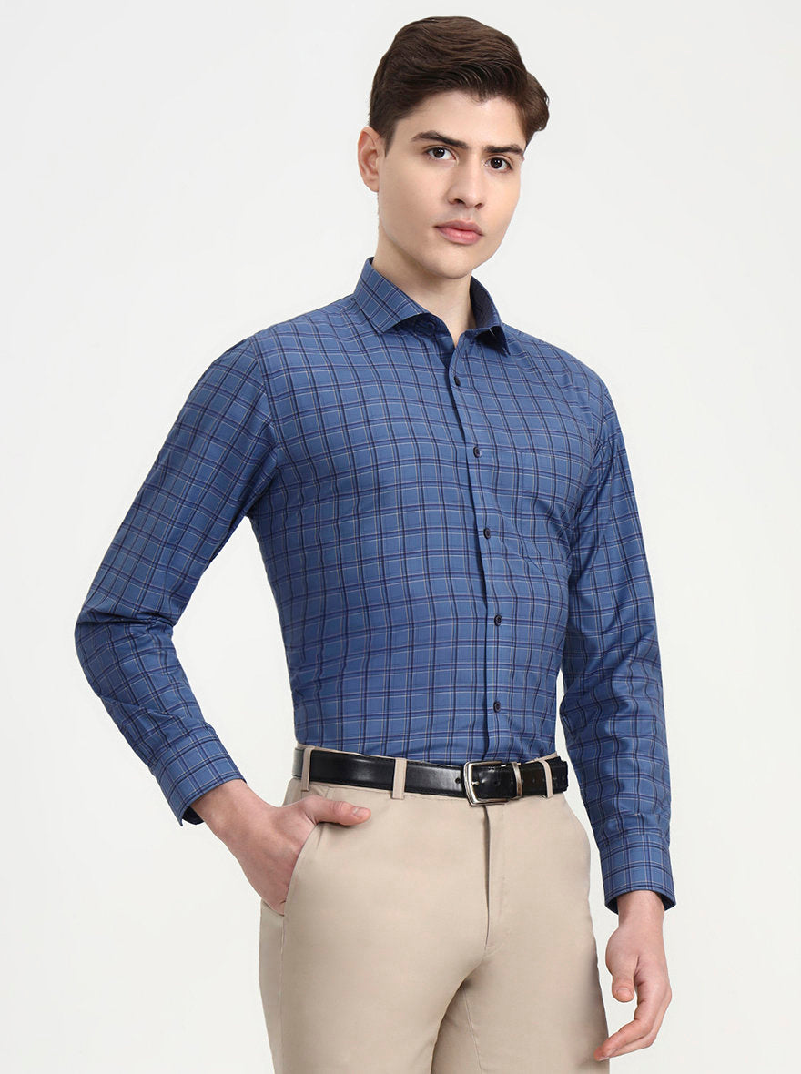 Dark Blue Checked Slim Fit Formal Shirt | Greenfibre