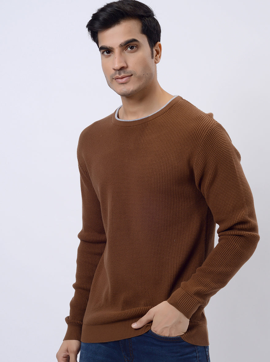 Brown Solid Regular Fit Winter T-Shirt | JadeBlue