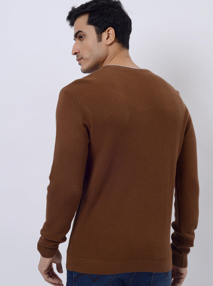 Brown Solid Regular Fit Winter T-Shirt | JadeBlue