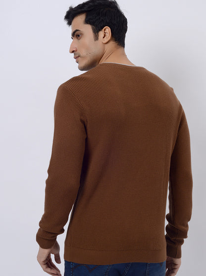 Brown Solid Regular Fit Winter T-Shirt | JadeBlue