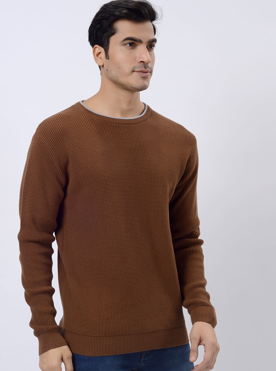 Brown Solid Regular Fit Winter T-Shirt | JadeBlue