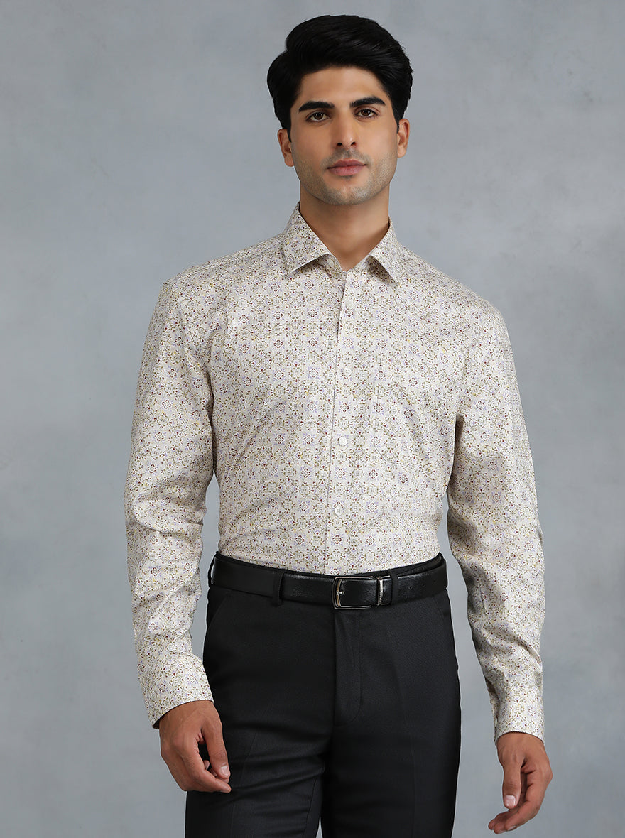 Cream Printed Regular Fit Formal Shirt | JadeBlue