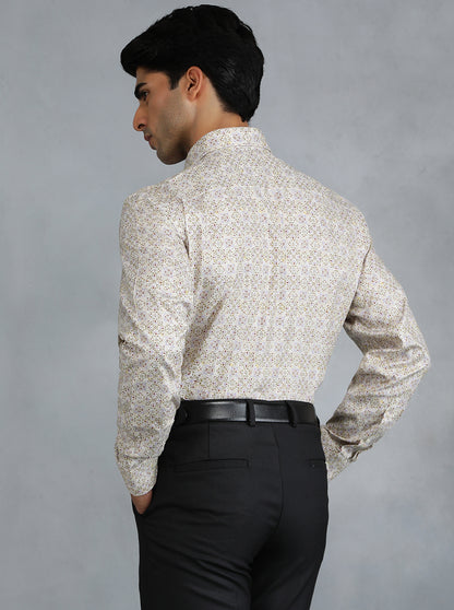 Cream Printed Regular Fit Formal Shirt | JadeBlue
