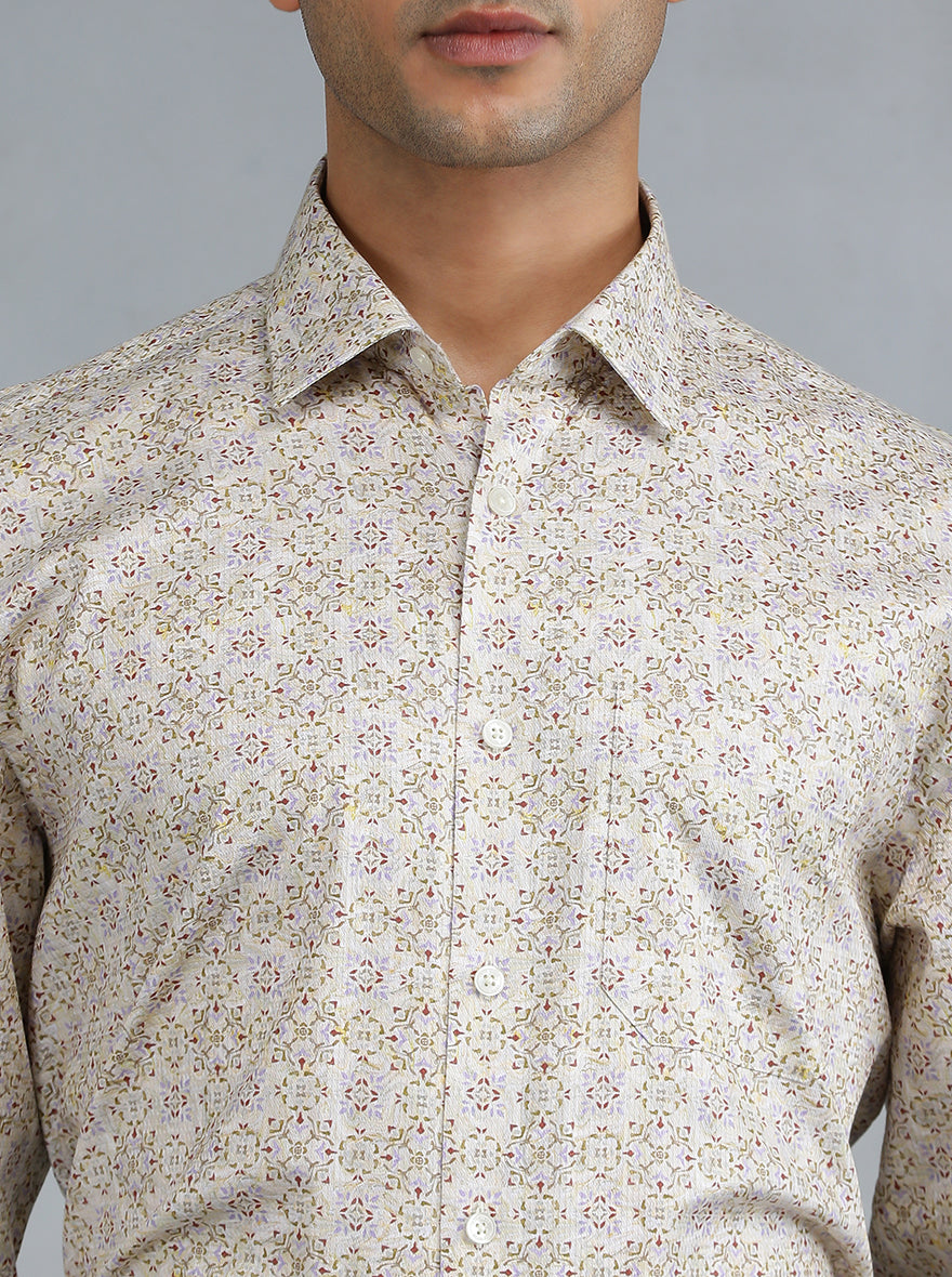 Cream Printed Regular Fit Formal Shirt | JadeBlue