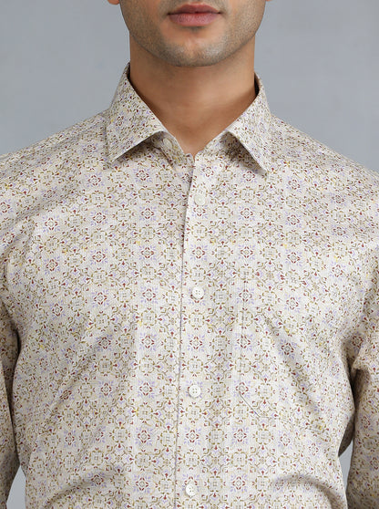 Cream Printed Regular Fit Formal Shirt | JadeBlue