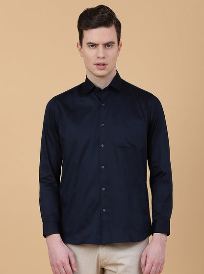 Navy Blue Solid Slim Fit Party Wear Shirt | Greenfibre