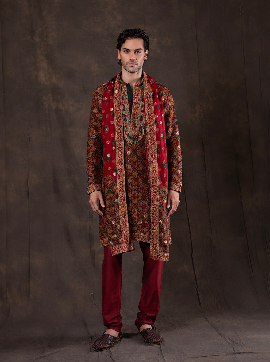 Green & Maroon Printed  Kurta Pajama | TULA