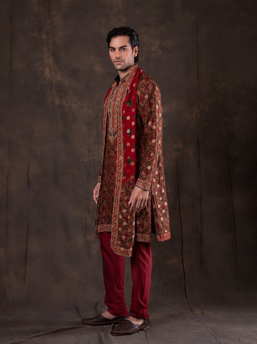 Green & Maroon Printed  Kurta Pajama | TULA