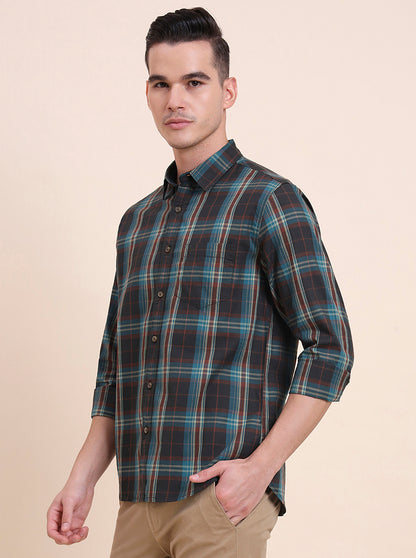 Green Checked Slim Fit Casual Shirt | Greenfibre