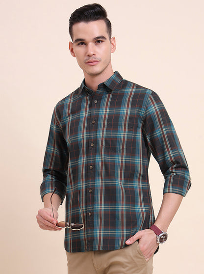 Green Checked Slim Fit Casual Shirt | Greenfibre