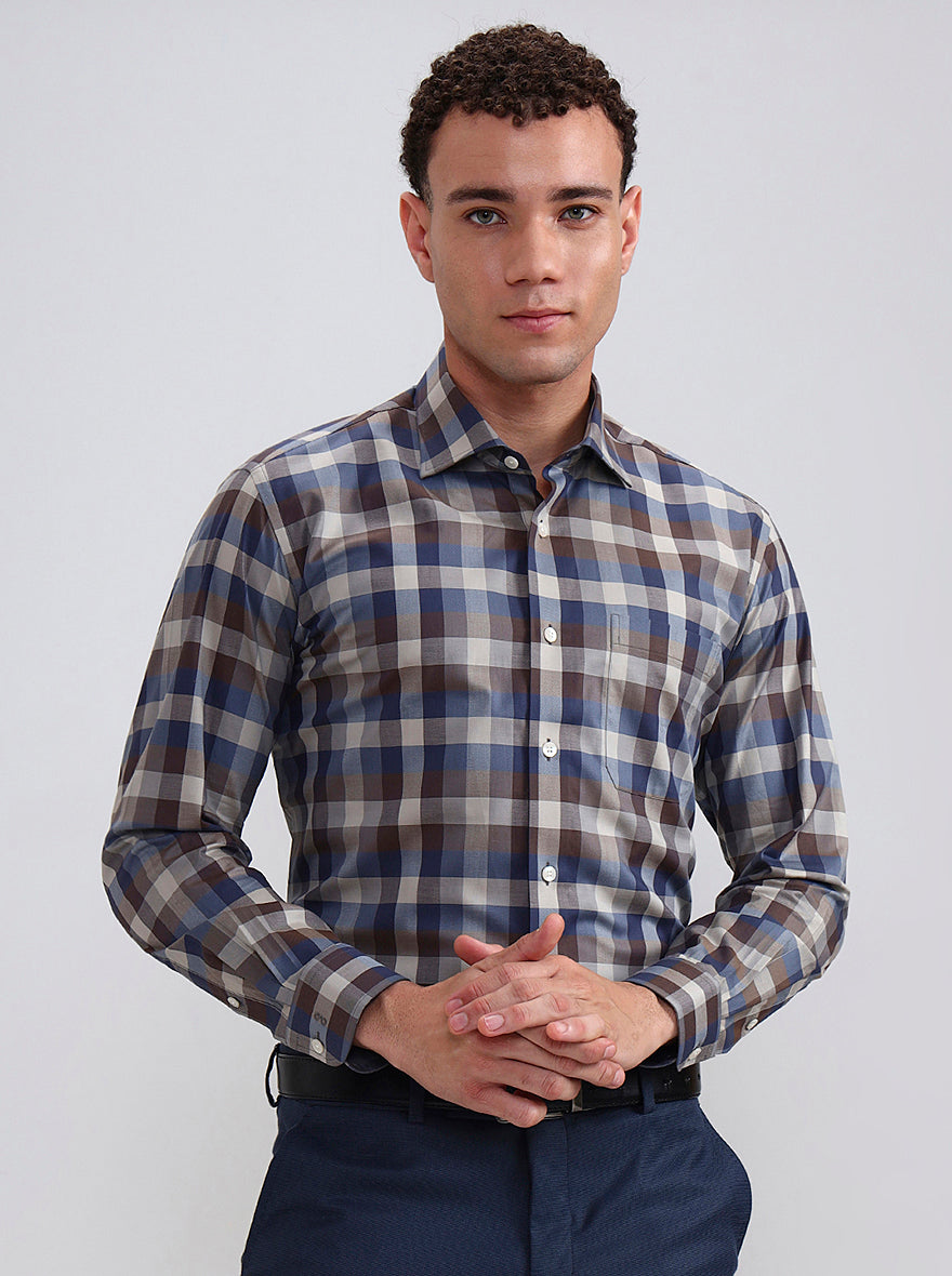 Brown & Blue Checked Slim Fit Formal Shirt | Metal