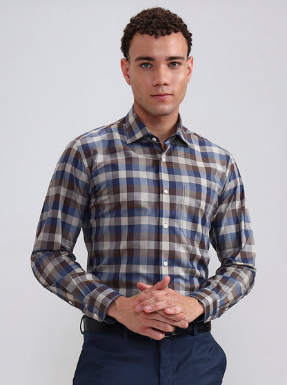 Brown & Blue Checked Slim Fit Formal Shirt | Metal