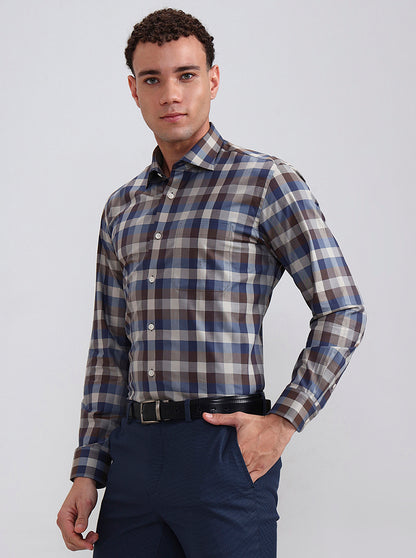 Brown & Blue Checked Slim Fit Formal Shirt | Metal