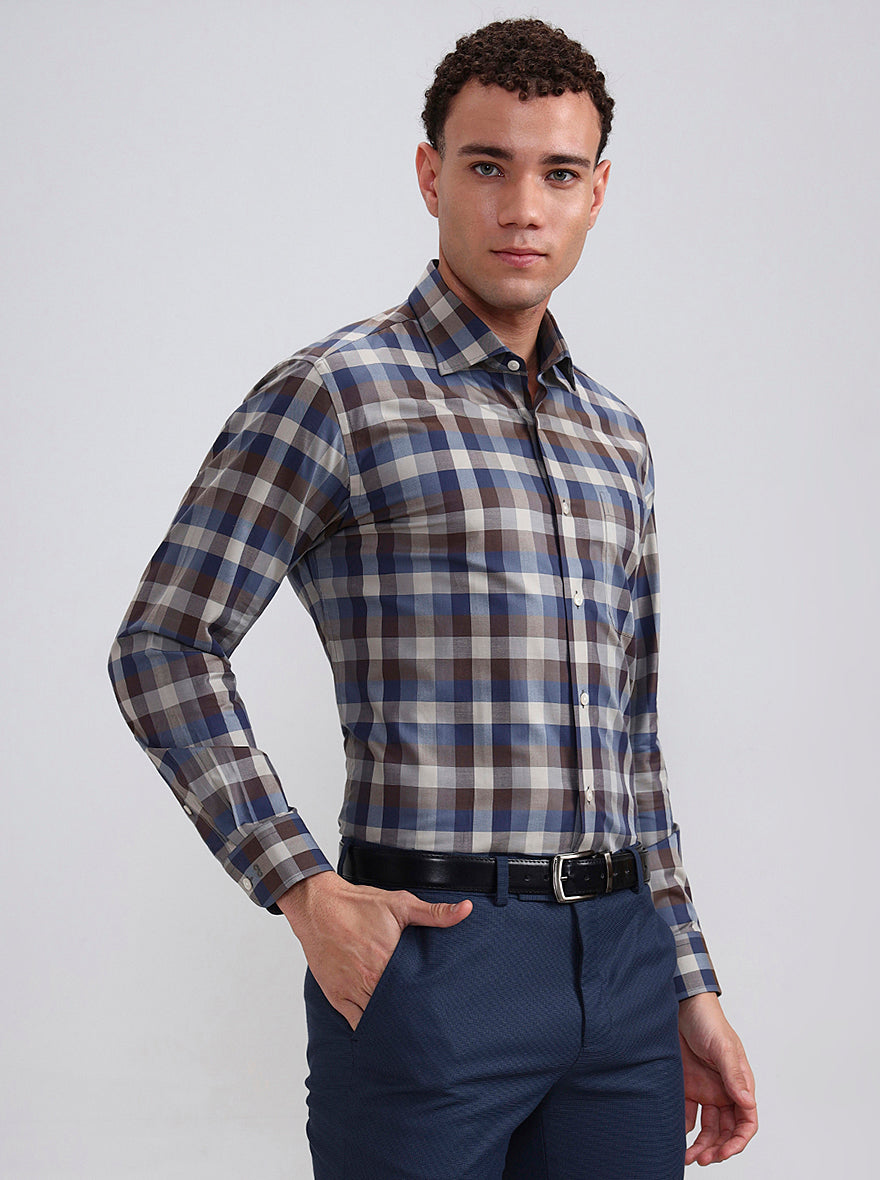 Brown & Blue Checked Slim Fit Formal Shirt | Metal