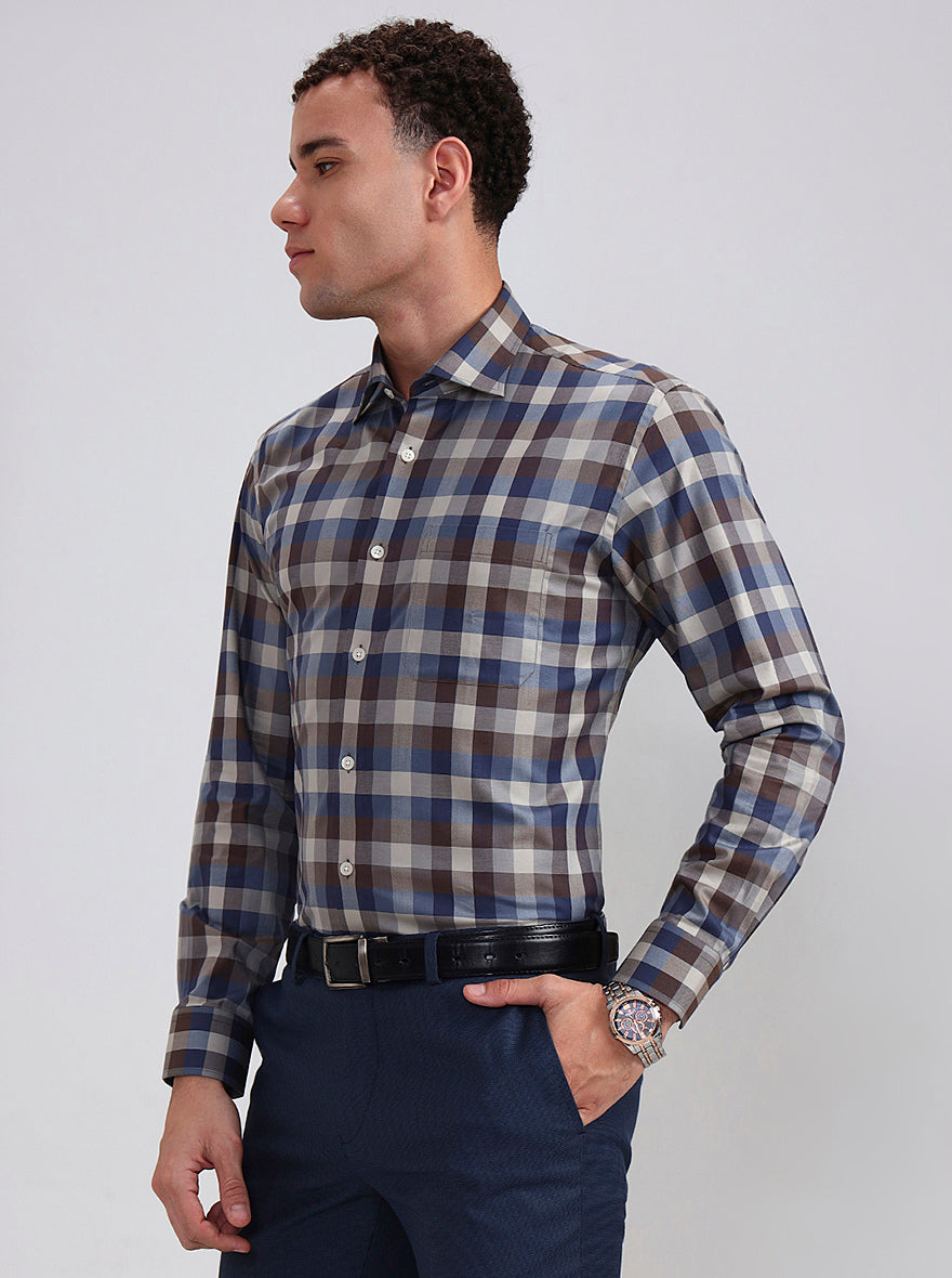 Brown & Blue Checked Slim Fit Formal Shirt | Metal