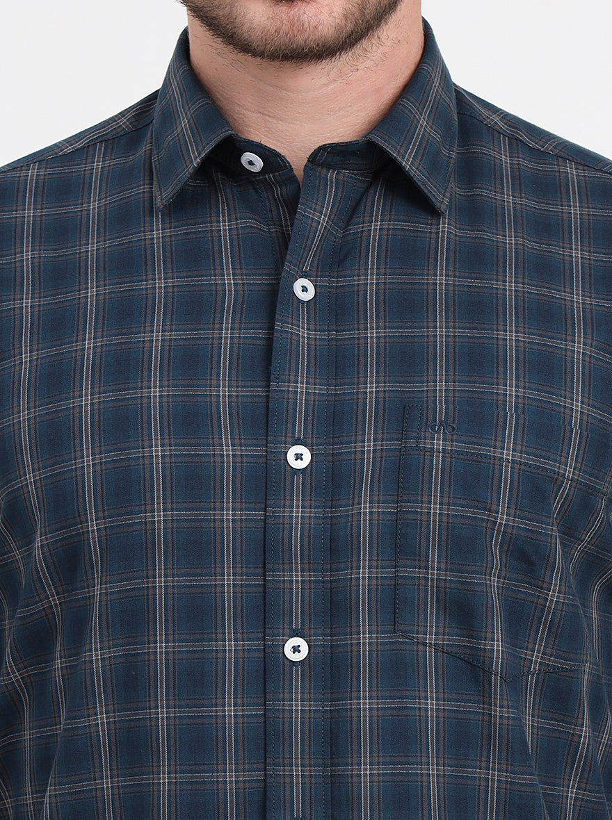 Green Checked Regular Fit Semi Casual Shirt | JadeBlue