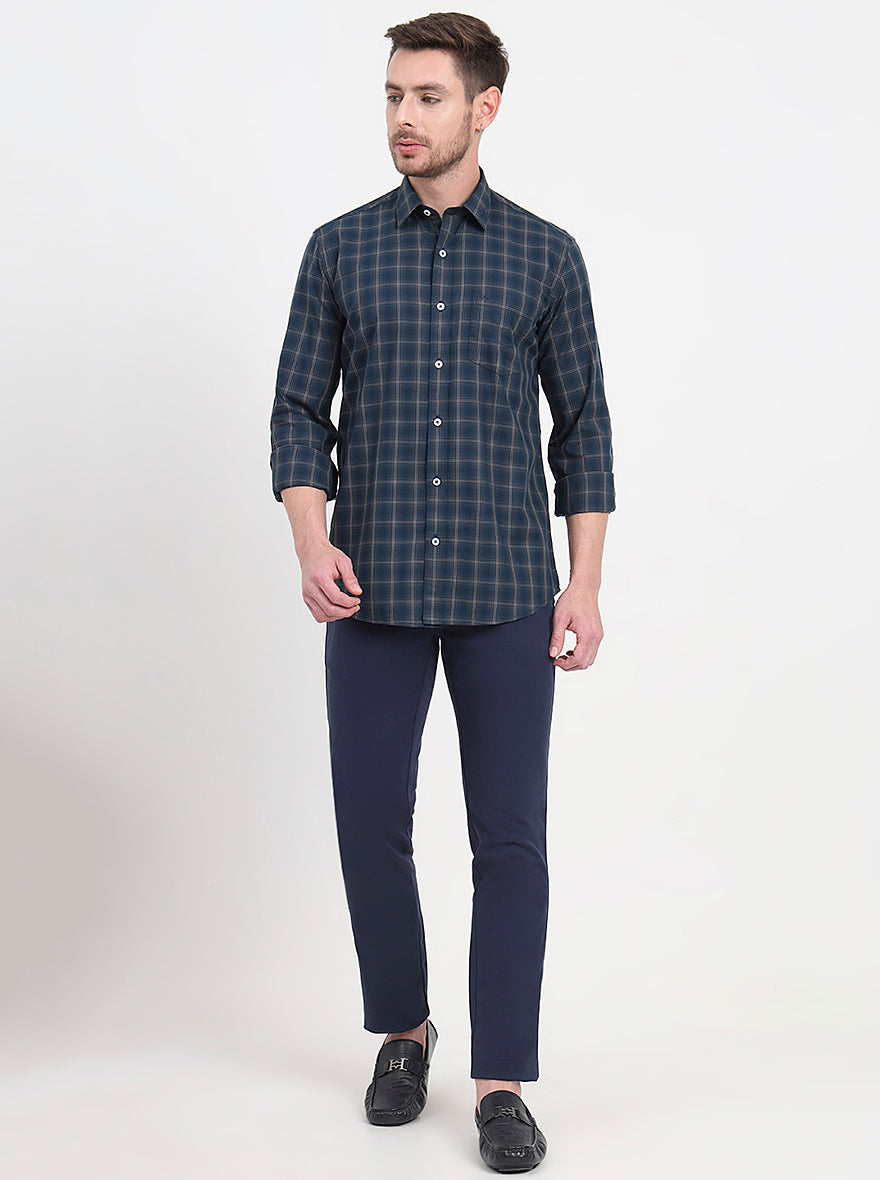 Green Checked Regular Fit Semi Casual Shirt | JadeBlue