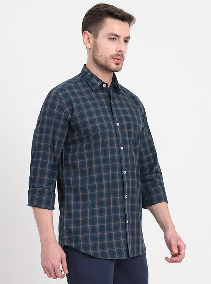 Green Checked Regular Fit Semi Casual Shirt | JadeBlue