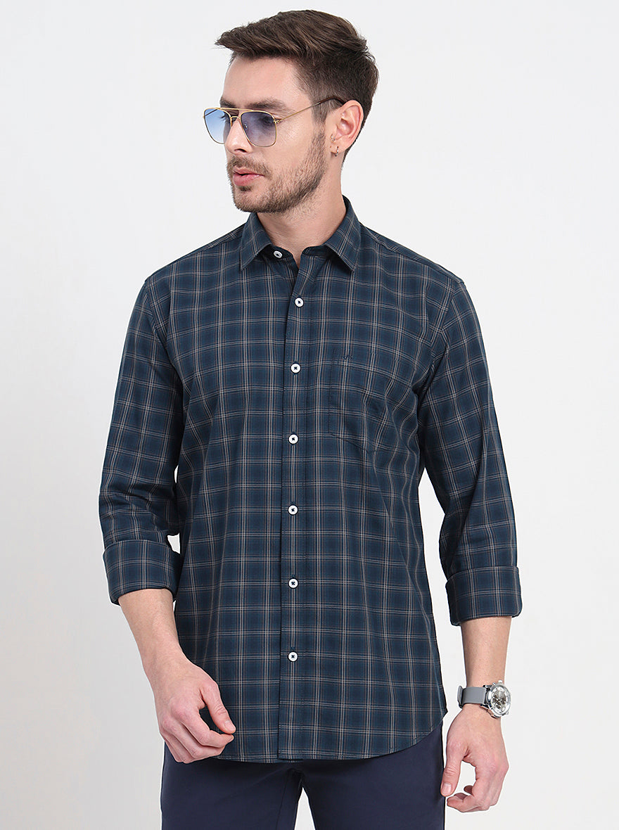 Green Checked Regular Fit Semi Casual Shirt | JadeBlue