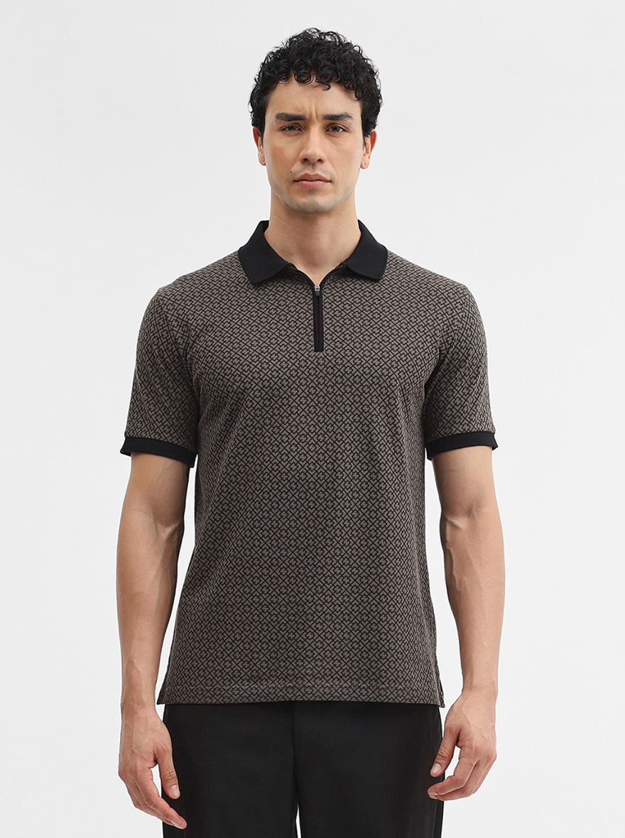 Brown Printed Slim Fit Polo T-Shirt | JadeBlue