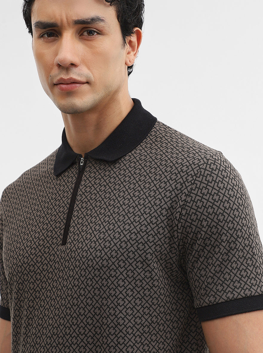Brown Printed Slim Fit Polo T-Shirt | JadeBlue