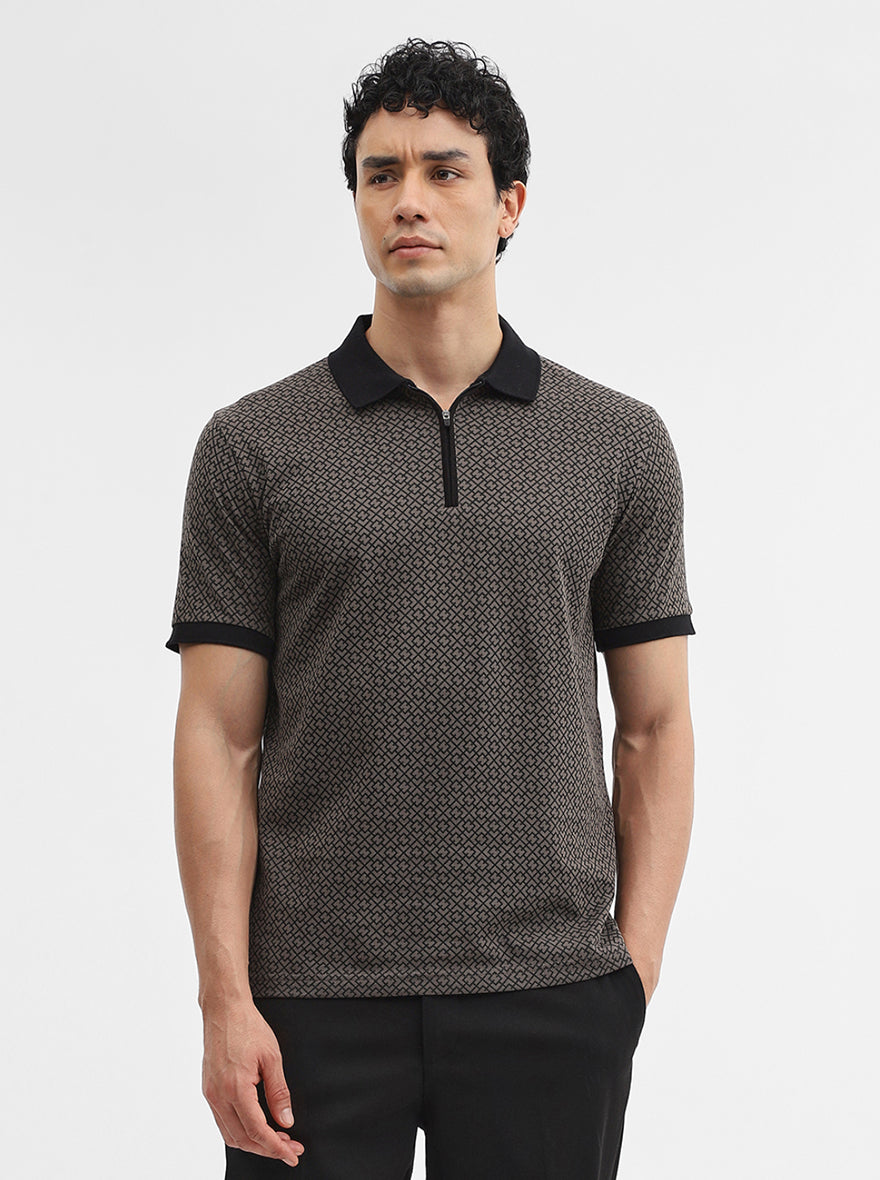 Brown Printed Slim Fit Polo T-Shirt | JadeBlue