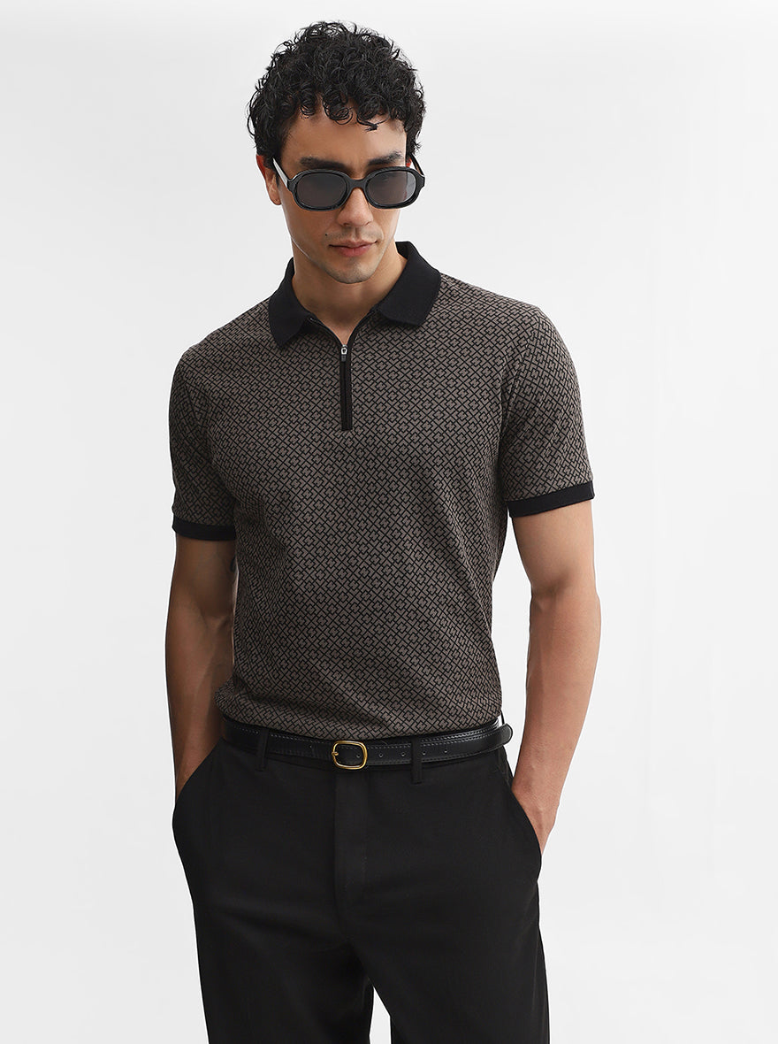Brown Printed Slim Fit Polo T-Shirt | JadeBlue