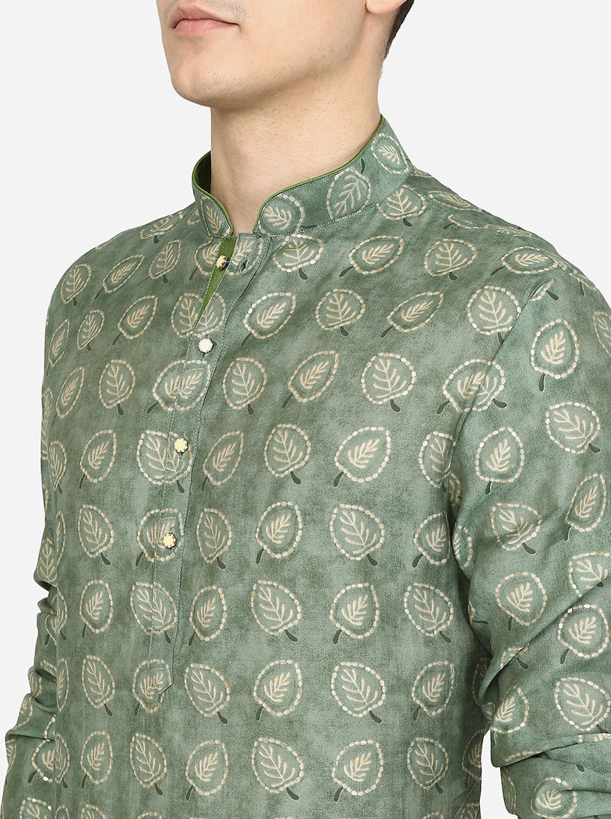 Forest Green Printed Cotton Blend Kurta | The Kurta Company