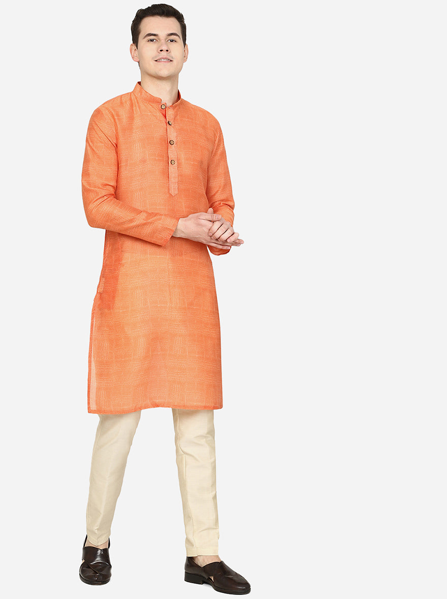 Metallic Orange Printed Silk Blend Kurta | The Kurta Company