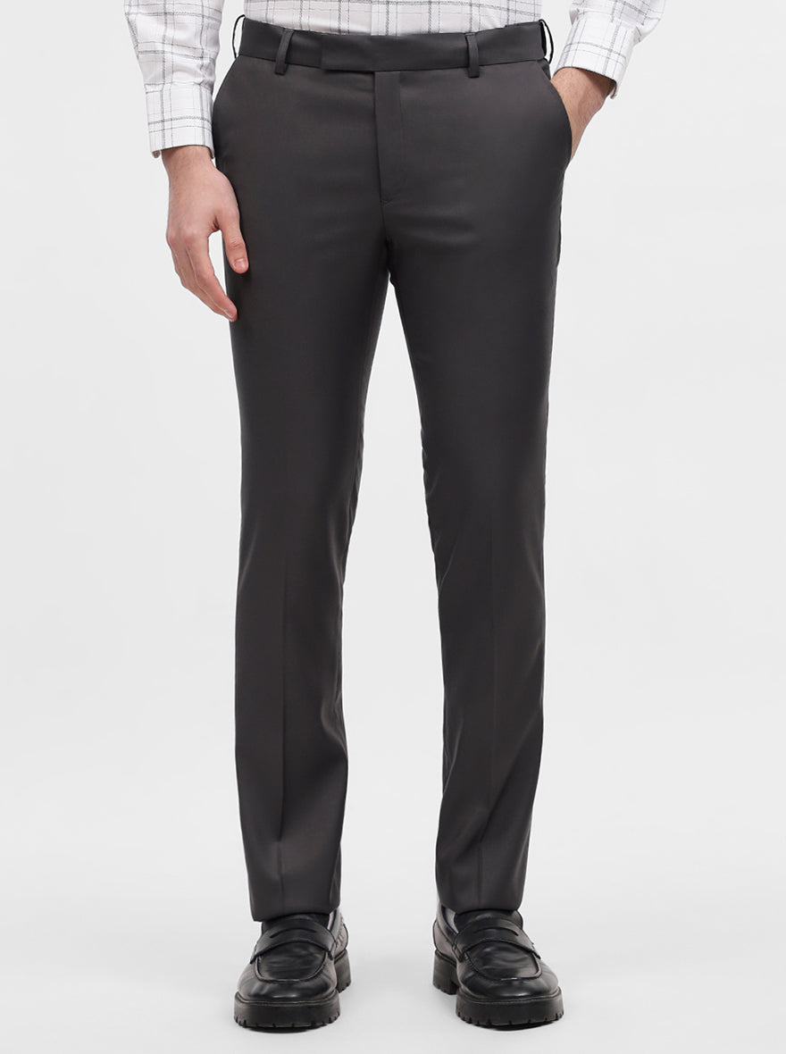 Dark Grey Solid Slim Fit Formal Trouser | Metal