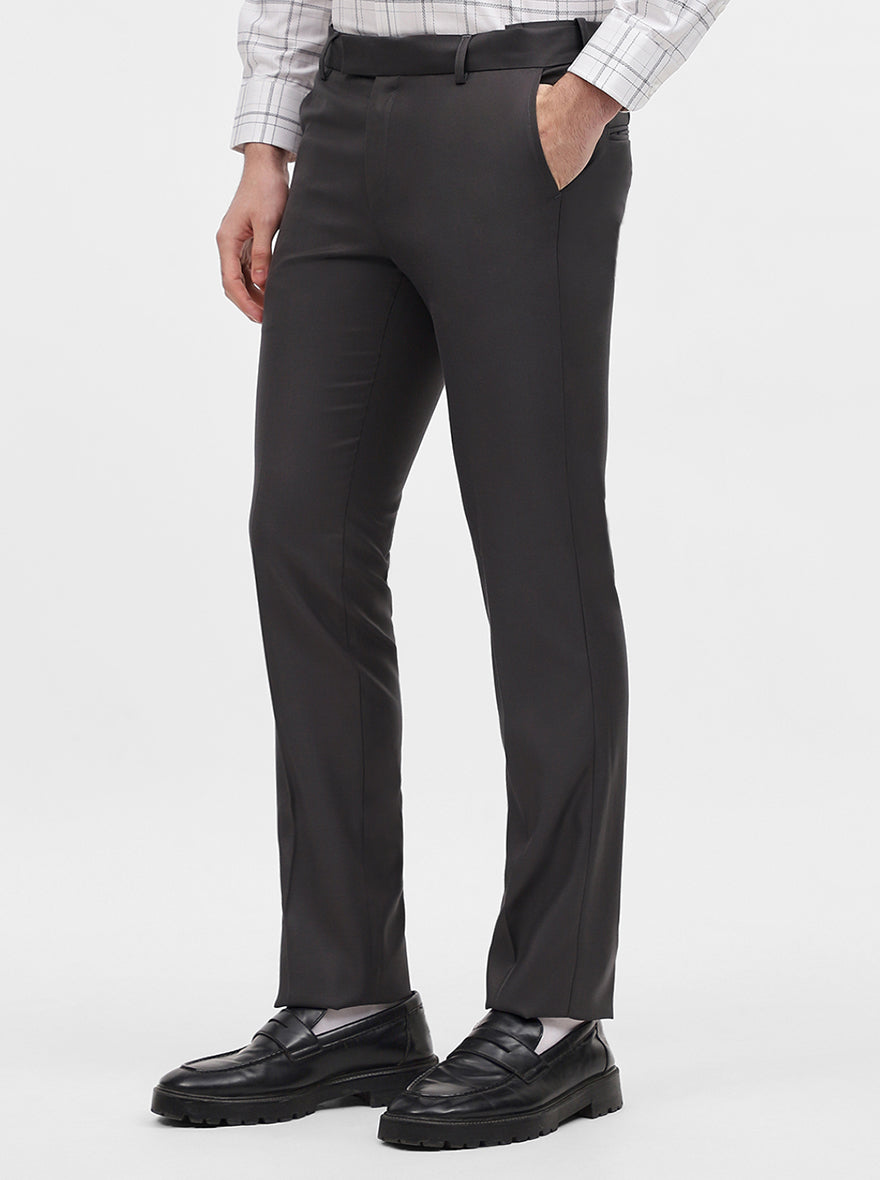 Dark Grey Solid Slim Fit Formal Trouser | Metal